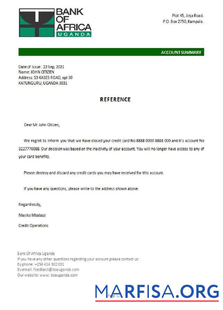 Downloadable Uganda Bank of Africa closure reference real example